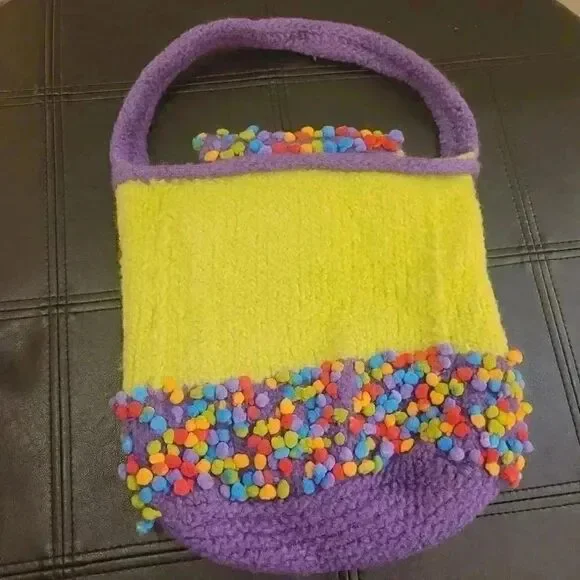 Old Bags Women's Green/Purple Wool Yarn Knit Top Handle Handbag EUC - Picture 8 of 9